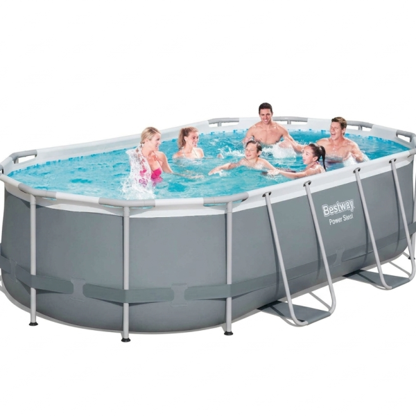 ფორმა: ოვალური წყლის დამცველი სარქველი: კი კომპლექტაცია: კარტრიჯული ფილტრი-ნასოსი (5678 ლ/ს) კარტრიჯი: III - A/C ( 58012); შესაკეთებელი მასალა კიბე ინსტრუქცია ქლორის ტაბლეტის კონტეინერი გადასაფარებელი ტენტი ფიზიკური პარამეტრები: მასალა: სამფენიანი PVC(პოლივინილქლორიდი) კარკასის მასალა: უჟანგავი ლითონი წონა: 71,5კგ